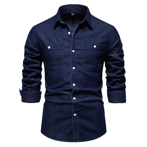 SWOAMER Herren Jeanshemd Denim Langarmhemd Cowboy Style Shirt Casual Männer Freizeit Hemd mit Button Down Kragen 6016Dunkelblau L von SWOAMER