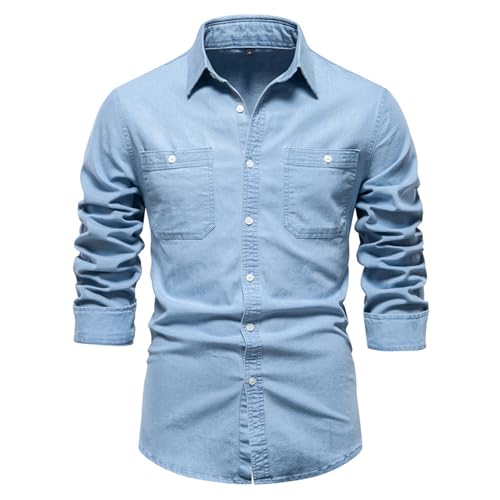 SWOAMER Herren Jeanshemd Denim Langarmhemd Cowboy Style Shirt Casual Männer Freizeit Hemd mit Button Down Kragen 6016Hellblau L von SWOAMER