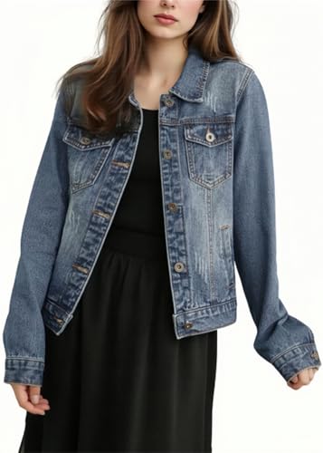 SWOAMER Mädchen Jeansjacke Blau Denim Jacke Studentinnen Button Down Freizeitjacke Damen mit Taschen Blau M von SWOAMER