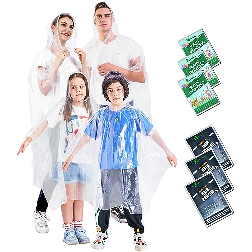 SWOGAA Einweg-Regenponchos für Kinder und Erwachsene (Familienpackung mit 6 Stück) - 50% extra dicke wasserdichte Regenponchos mit Kapuze für Männer oder Frauen - Transparent von SWOGAA