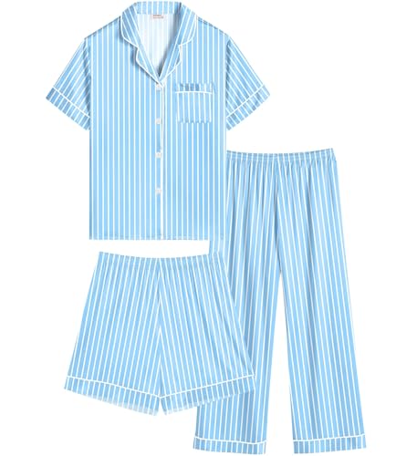 SWOMOG 3 Stück Mädchen Satin Pyjama Kurz Kinder Schlafanzug Jungen Schlafanzüge mit Knopf Teenager Seide Nachtwäsche 6-15Y SWOMOG 3 Stück Mädchen Satin Pyjama Kurz Kinder Schlafanzug Jungen Schlafanzüge mit Knopf Teenager Seide Nachtwäsche 6-15Y von SWOMOG