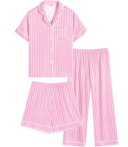 SWOMOG 3 Stück Mädchen Satin Pyjama Kurz Kinder Schlafanzug Jungen Schlafanzüge mit Knopf Teenager Seide Nachtwäsche 6-15Y von SWOMOG