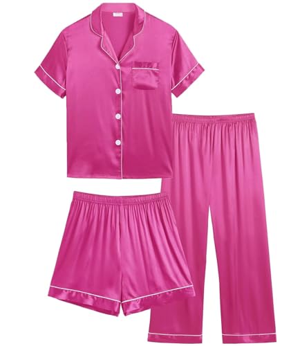 SWOMOG 3 Stück Mädchen Satin Pyjama Kurz Kinder Schlafanzug Jungen Schlafanzüge mit Knopf Teenager Seide Nachtwäsche 6-15Y von SWOMOG