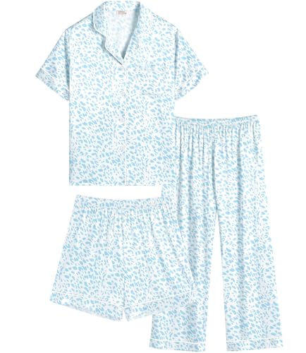 SWOMOG 3 Stück Mädchen Satin Pyjama Kurz Kinder Schlafanzug Jungen Schlafanzüge mit Knopf Teenager Seide Nachtwäsche 6-15Y von SWOMOG