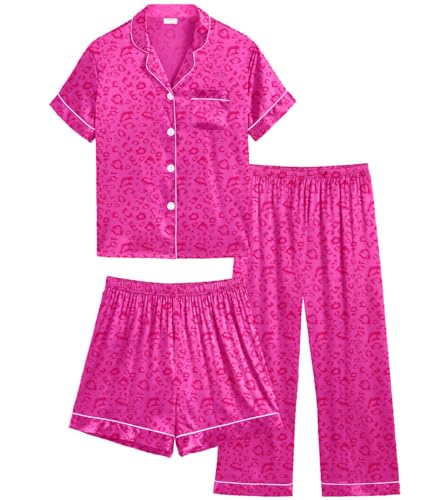 SWOMOG 3 Stück Mädchen Satin Pyjama Kurz Kinder Schlafanzug Jungen Schlafanzüge mit Knopf Teenager Seide Nachtwäsche 6-15Y von SWOMOG