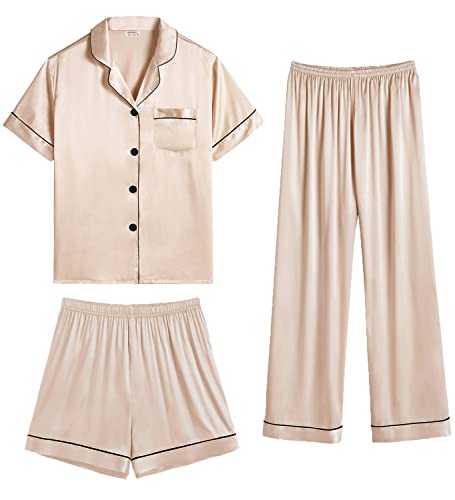 SWOMOG 3-teilige Satin Pyjama Set Damen Schlafanzug mit Knopf Frauen Seide Nachtwäsche Hausanzug Kurz Sommer Pyjama Set Champagner XX-Large von SWOMOG