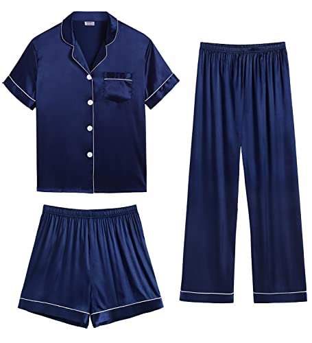 SWOMOG 3-teilige Satin Pyjama Set Damen Schlafanzug mit Knopf Frauen Seide Nachtwäsche Hausanzug Kurz Sommer Pyjama Set Navy Blau Large von SWOMOG