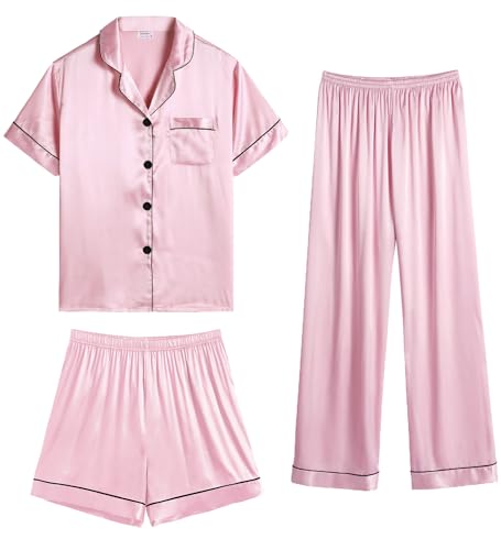 SWOMOG Damen Pyjama Set aus Seidensatin 3-teilig Button Down Pyjama Set kurzärmelig Nachtwäsche Loungewear Pyjamas Nachtwäsche Rosa Medium von SWOMOG
