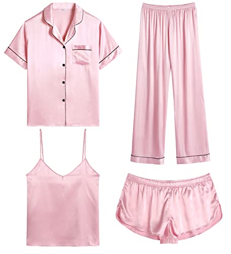 SWOMOG Damen Pyjama Kurz Satin 4-teiliges Seidenpyjama für Damen Silk Ärmellos Top Short Set Frauen Silky Pjs Einfarbig Hausanzug von SWOMOG