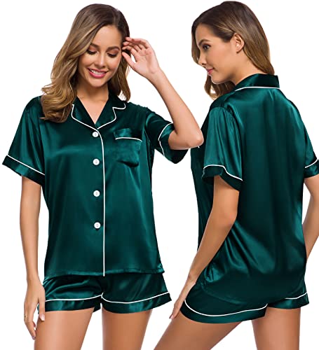 SWOMOG Damen Pyjama Sets Satin Nachtwäsche Kurzarm Nachthemd und Shorty Sets Damen Nachtwäsche aus Seide Zweiteilige Loungewear Ladies Silky Pjs Dunkelgrün M von SWOMOG