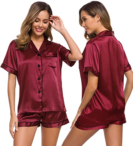 SWOMOG Damen Pyjama Sets Satin Kurzarm Schlafanzug Nachtwäsche Sommer Shorty Sets Seide Zweiteilige Loungewear Frauen Silky Sexy Pjs Weinrot von SWOMOG