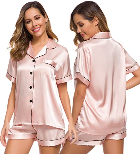 SWOMOG Damen Pyjama Sets Satin Nachtwäsche Kurzarm Nachthemd und Shorty Sets Damen Nachtwäsche aus Seide Zweiteilige Loungewear Ladies Silky Pjs von SWOMOG