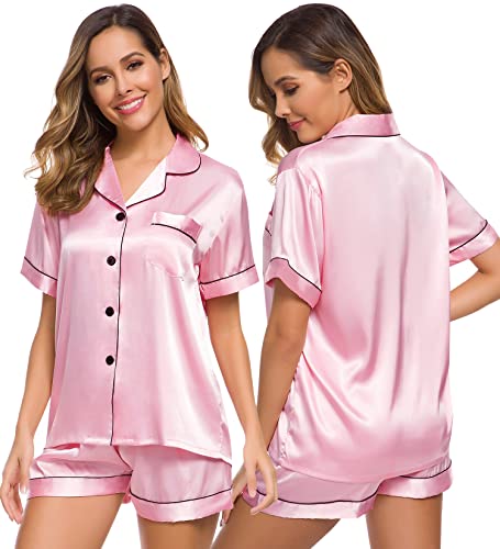 SWOMOG Damen Satin Pyjama Kurz Schlafanzug Kurzarm Nachtwäsche Top and Shorts Set Frauen Pjs Sets Hausanzug Loungewear von SWOMOG