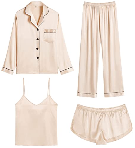 SWOMOG Damen Satin Pyjama Lang 4-teiliges Silk Schlafanzug Seidenpyjama für Damen Cami & Top Short Set Frauen Silky Pjs von SWOMOG