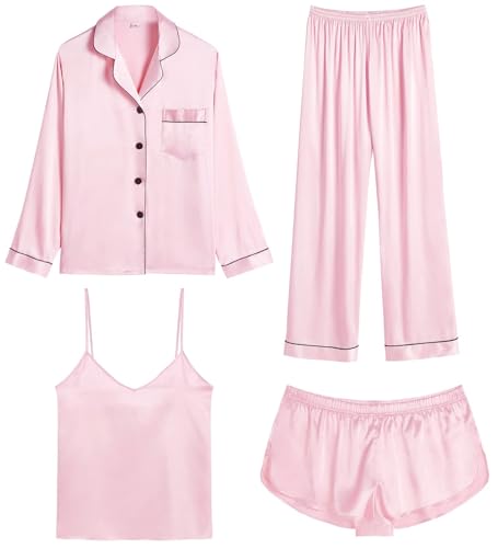 SWOMOG Damen Satin Pyjama Lang 4-teiliges Silk Schlafanzug Seidenpyjama für Damen Cami & Top Short Set Frauen Silky Pjs von SWOMOG