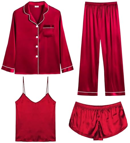 SWOMOG Damen Satin Pyjama Lang 4-teiliges Silk Schlafanzug Seidenpyjama für Damen Cami & Top Short Set Frauen Silky Pjs von SWOMOG