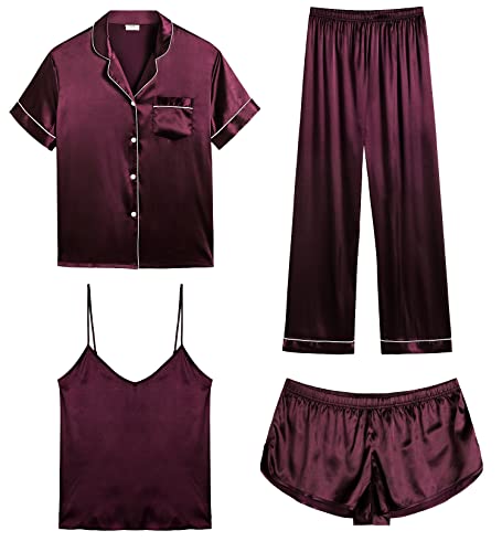 SWOMOG Damen Satin Pyjama Set Kurz Schlafanzüge Top und Short Hose 4-teilige Sleepwear Sexy V-Ausschnitt Button Down PJs Sets von SWOMOG