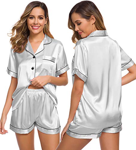 SWOMOG Schlafanzüge für Damen Kurz Satin Pyjamas Set Seiden Nachtwäsche mit Button und Brusttasche Frauen Silky Top und Shorty Sets Grau von SWOMOG