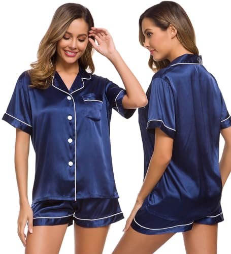 SWOMOG Damen Satin Pyjama Set kurz schlafanzueg Sexy V-Ausschnitt Button Down Pj Sets von SWOMOG