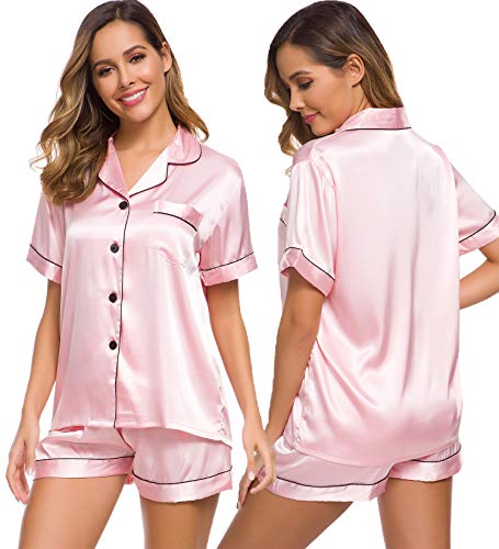 SWOMOG Damen Satin Pyjama Set Kurz Schlafanzueg Übergröße Sexy V-Ausschnitt Button Down Pj Sets von SWOMOG