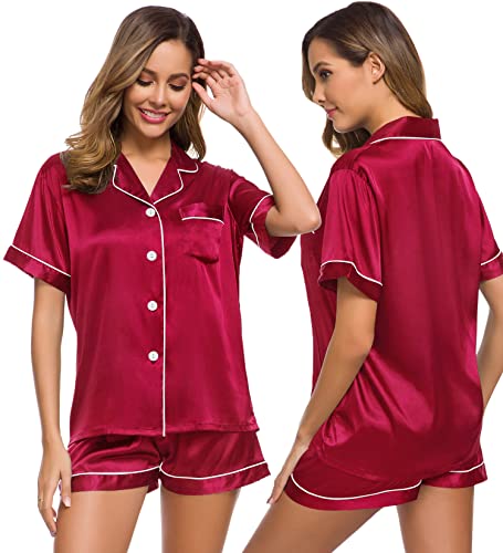 SWOMOG Damen Satin Pyjama Set kurz schlafanzueg Sexy V-Ausschnitt Button Down Pj Sets von SWOMOG