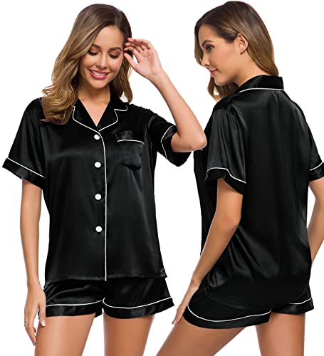 SWOMOG Pyjama Damen Kurz Satin Seiden Übergröße Nachtwäsche mit Button Silky Kurzarm Top und Shorty Sets Zweiteiliger Loungewear Schwarz von SWOMOG