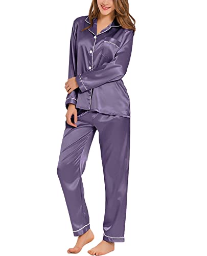 SWOMOG Damen Satin Schlafanzug Lang Pyjama Button Down Seide Nachtwäsche Set Zweiteiliger Hausanzug Langarm Loungewear Frauen Pj Sets von SWOMOG