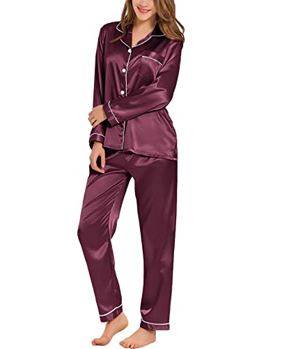 SWOMOG Damen Satin Schlafanzug Pyjama Lang Button Down Seide Nachtwäsche Set Zweiteiliger Hausanzug Langarm Loungewear Frauen Pj Sets von SWOMOG