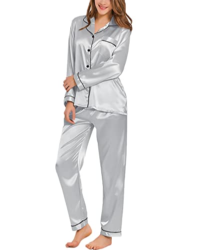 SWOMOG Damen Satin Schlafanzug Pyjama Lang Button Down Seide Nachtwäsche Set Zweiteiliger Hausanzug Langarm Loungewear Frauen Pj Sets von SWOMOG