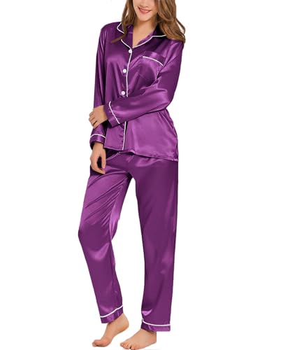 SWOMOG Damen Satin Schlafanzug Pyjama Lang Button Down Seide Nachtwäsche Set Zweiteiliger Hausanzug Langarm Loungewear Frauen Pj Sets von SWOMOG