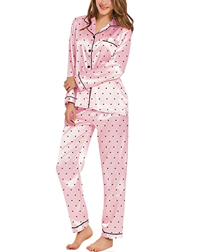 SWOMOG Damen Satin Schlafanzug Pyjama Lang Button Down Seide Nachtwäsche Set Zweiteiliger Hausanzug Langarm Polka-Punkte Loungewear Frauen Pj Sets von SWOMOG