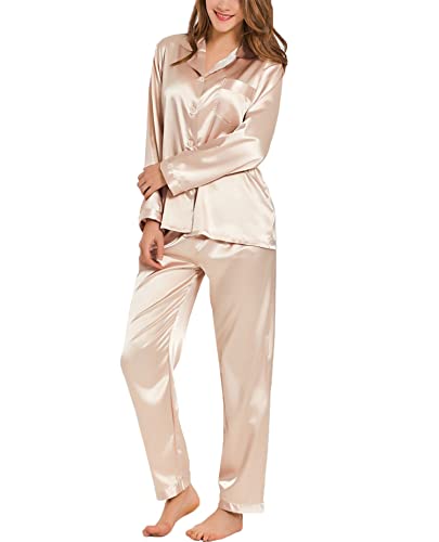 SWOMOG Damen Satin-Schlafanzug-Set Langarm Nachtwäsche Knopfleiste Loungewear 2-teiliges Pj-Set Weiche Pyjamas Champagner XXL von SWOMOG