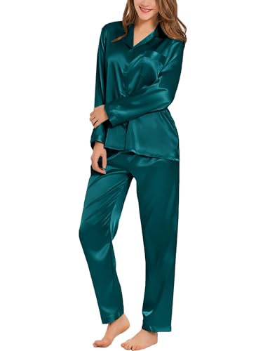 SWOMOG Damen Satin-Schlafanzug-Set Langarm Nachtwäsche Knopfleiste Loungewear 2-teiliges Pj-Set Weiche Pyjamas Grün XS von SWOMOG