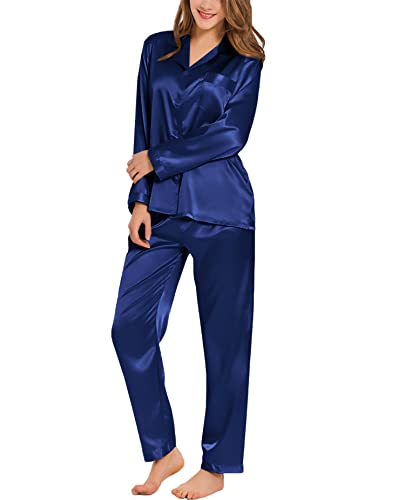 SWOMOG Damen Satin-Schlafanzug-Set Langarm Nachtwäsche Knopfleiste Loungewear 2-teiliges Pj-Set Weiche Pyjamas Navy Blau S von SWOMOG