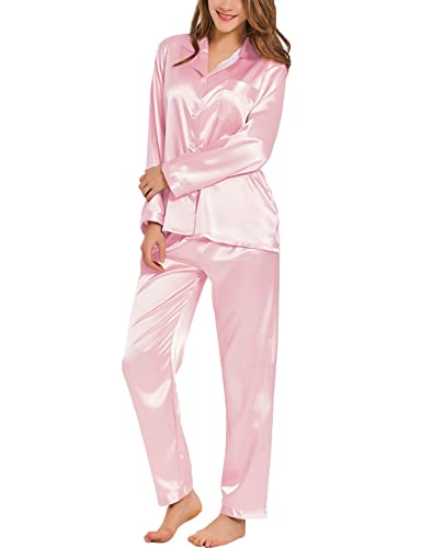 SWOMOG Damen Satin-Schlafanzug-Set Langarm Nachtwäsche Knopfleiste Loungewear 2-teiliges Pj-Set Weiche Pyjamas Rosa M von SWOMOG