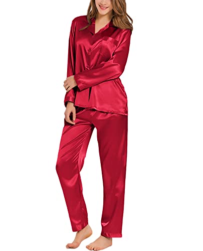 SWOMOG Damen Satin-Schlafanzug-Set Langarm Nachtwäsche Knopfleiste Loungewear 2-teiliges Pj-Set Weiche Pyjamas Rot XS von SWOMOG
