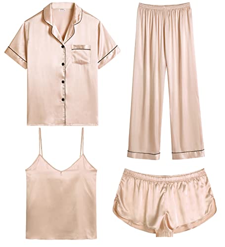 SWOMOG Damen Schlafanzug Satin Kurz 4 Stück Knopfleiste Pyjama Sexy Cami Weste and Shorts Nachtwäsche Set Sleepwear von SWOMOG