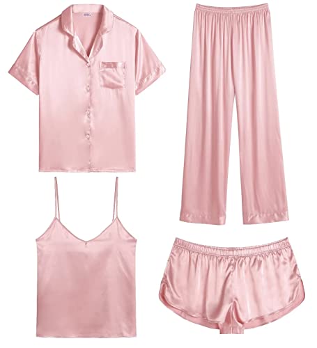 SWOMOG Damen Schlafanzug Satin Kurz 4 Stück Knopfleiste Pyjama Sexy Cami Weste and Shorts Nachtwäsche Set Sleepwear von SWOMOG