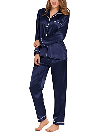 SWOMOG Damen Seidensatin Pyjamas Button Down Schlafanzug Set Zweiteiliger Nachtwäsche Hausanzug Langarm Satin Loungewear Silk Pjs Marineblau von SWOMOG