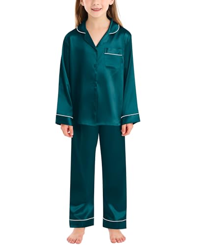 SWOMOG Satin Schlafanzug Mädchen Lang Kinder Pyjama mit Knopfleiste Jungen Seiden Nachtwäsche Zweiteiliger Pjs Sets Geschenke von SWOMOG