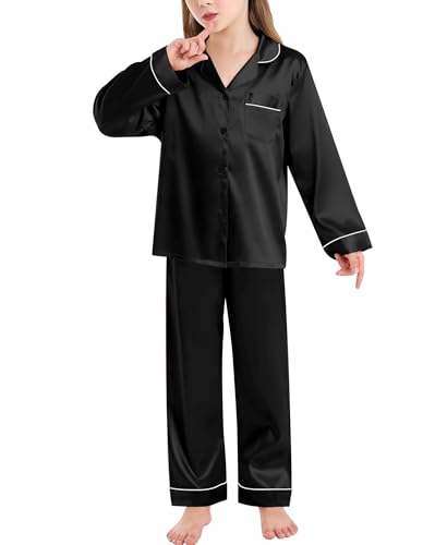 SWOMOG Satin Schlafanzug Mädchen Lang Kinder Pyjama mit Knopfleiste Jungen Seiden Nachtwäsche Zweiteiliger Pjs Sets Geschenke von SWOMOG