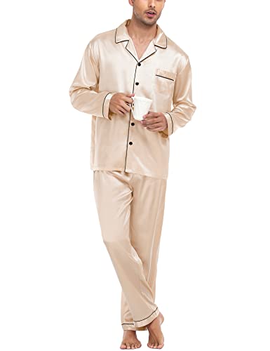 SWOMOG Herren Satin Pyjama Lang Schlafanzug mit Knopfleiste Seidensatin Zweiteiliger Nachtwäsche Hausanzug Langarm Schlafanzughose von SWOMOG