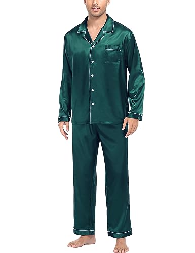 SWOMOG Herren Satin Pyjama Lang Schlafanzug mit Knopfleiste Seidensatin Zweiteiliger Nachtwäsche Hausanzug Langarm Schlafanzughose von SWOMOG
