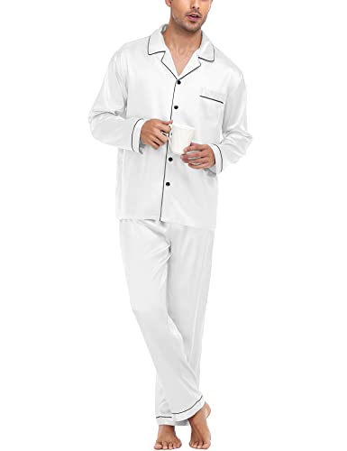 SWOMOG Herren Satin Pyjama Lang Schlafanzug mit Knopfleiste Seidensatin Zweiteiliger Nachtwäsche Hausanzug Langarm Schlafanzughose von SWOMOG