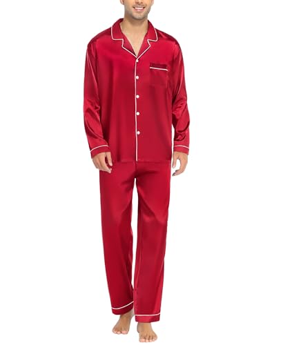 SWOMOG Herren Satin Pyjama Lang Schlafanzug mit Knopfleiste Seidensatin Zweiteiliger Nachtwäsche Hausanzug Langarm Schlafanzughose von SWOMOG