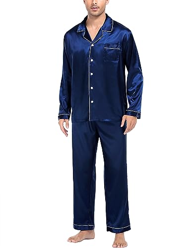 SWOMOG Herren Satin Pyjama Langarm Seidensatin Schlafanzug Zweiteilige Nachtwäsche Button-Down Pj Set von SWOMOG