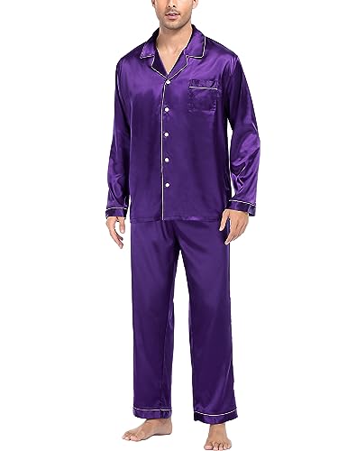 SWOMOG Herren Satin Pyjama Langarm Seidensatin Schlafanzug Zweiteilige Nachtwäsche Button-Down Pj Set von SWOMOG