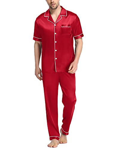 SWOMOG Herren Seide Satin Pyjama Set Kurzarm Klassische Nachtwäsche Button Down Loungewear mit Langen Hosen Rot XXL von SWOMOG