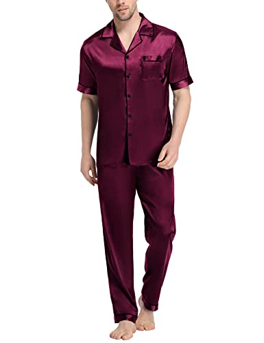SWOMOG Herren Seide Satin Pyjama Set Kurzarm Klassische Nachtwäsche Button Down Loungewear mit Langen Hosen Tiefes Weinrot XXL von SWOMOG
