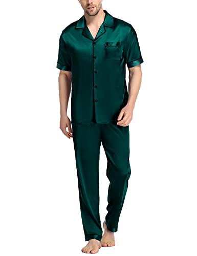 SWOMOG Herren Seide Satin Pyjama Set Kurzarm Klassische Nachtwäsche Button Down Loungewear mit Langen Hosen Tiefgrün M von SWOMOG